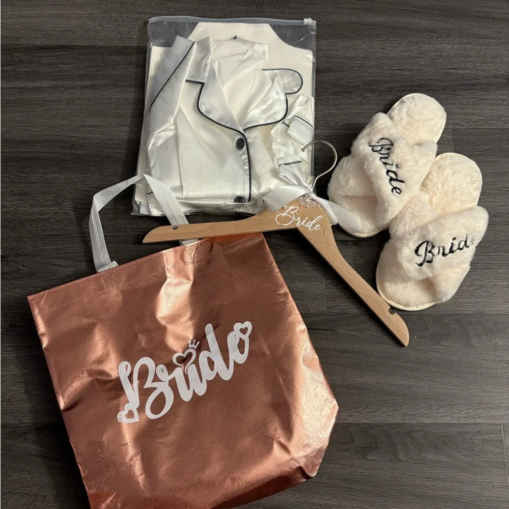 Bride Pajama Set with Slippers and Bag